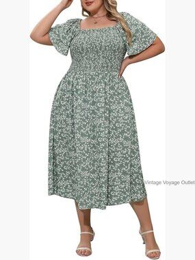 Plus Size Boho Midi Dress with Pockets Smocked Floral Print Summer Beach Casual